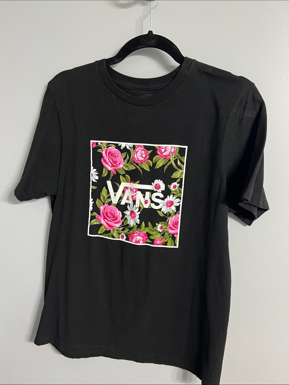Vans Black Tee with Pink Floral Logo Box